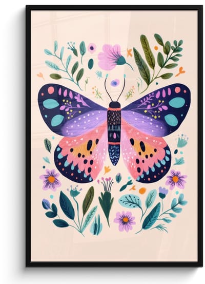 Poster in lijst - Fotolijst 80x120 cm - Posters - Bloemen - Bladeren - Vlinder - Kleurrijk - Posterlijst zwart - Decoratie - Wanddecoratie woonkamer - Muurdecoratie slaapkamer
