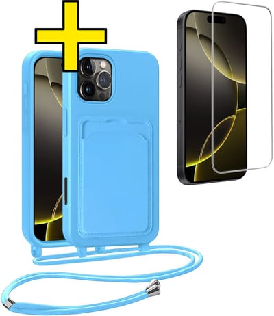 Hoesje Geschikt voor iPhone 16 Pro Telefoonhoesje Met Koord Case Pashouder Met Screenprotector Siliconen - Hoes Geschikt voor iPhone 16 Pro Hoesje Met Kaarthouder - Lichtblauw