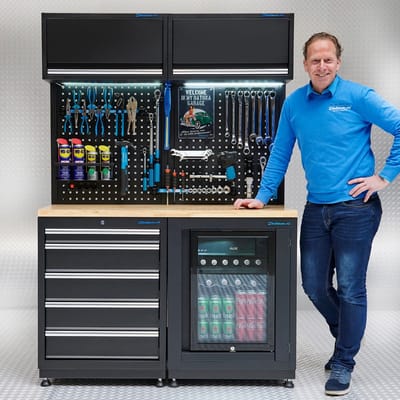 Datona® Werkplaatsinrichting PREMIUM eiken werkblad met koelkast - 135 cm breed - Zwart