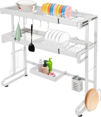 2-laags Afwasrek 29 x 78 cm - Uitschuifbaar Rvs Rek voor Boven de Gootsteen, Ideaal voor Kruidenset en Keukenorganizer