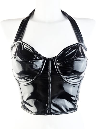BamBella® - Body Korset Top - Maat S/M - Zwart dames sexy Glans kleding mix van Latex en stof Datex Wetlook vetersluiting