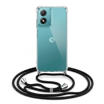 Geschikt voor Motorola Moto E14 / G04 / G24 Hoesje met Koord - Transparant - Verstelbaar Nekkoord - Schokbestendig - Zwart