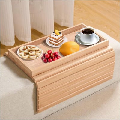Sofa Arm Tray voor Fauteuil en Bank - Bamboe - Opvouwbaar - Anti-Slip - Bekerhouder - Snacks - Telefoon - Drankjes - Cup - Geschikt voor Fauteuil en Bank - Bamboe Model.