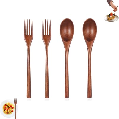 Set van 4 stuks - houten bestekset - 2 houten vorken - 2 houten lepels - Herbruikbare houten lepels - Houten keukenbestek - Compacte combinatie van houten vork en lepel - Geschikt voor reizen, kamperen, koken en lunchtrommels