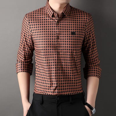 Heren Overhemd Lange Mouw Revers Herfst Nieuw Ruit Middenleeftijd Naadloos Elastisch Mode Casual Top 4XL brown