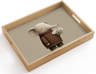 Dienblad hout 40x30 cm - Schootdienblad - Olifant - Witte bloemen - Kindvriendelijk - Borrelplank rechthoek - Plateau dienbladen