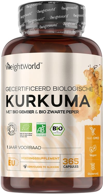 WeightWorld Biologische Kurkuma capsules - Met zwarte peper en gember - 505 mg - 365 capsules voor 1 jaar voorraad - Gemaakt in de EU
