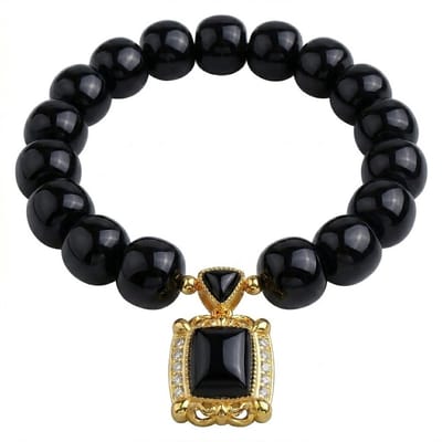 Zwart goudkleurige kralen armband voor dames met vierkante hanger – elastische armband met siersteen detail
