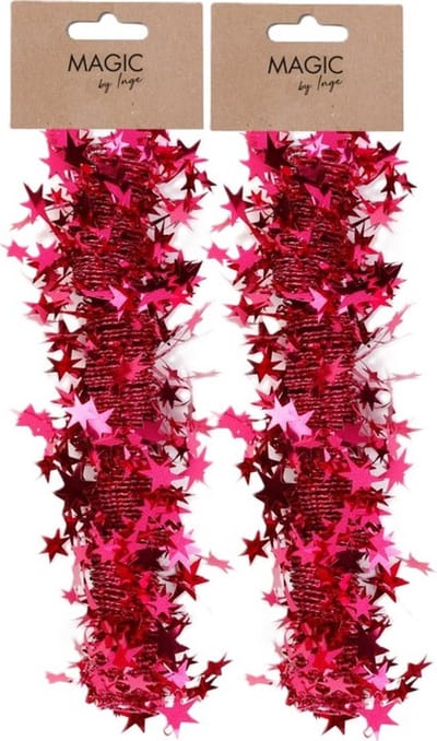 Inge Christmas Goods Spiraal kerstslingers - 2x - rood -folie - 750 cm- sterren -kerstboomslingers