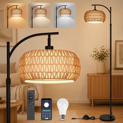 MUPOO Vloerlamp Woonkamer - Boho Rotan Staande Lamp met Stoffen Lampenkap - Traploos Dimbaar met APP Afstandsbediening - 360° Draaibare Arm - Hoogte Verstelbaar en Voetschakelaar- leeslamp staand voor Slaapkamer Kantoor