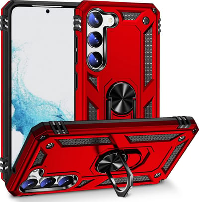 Casemania Hoesje Geschikt voor Samsung Galaxy S23 Rood - Anti-Shock Hybrid Armor Back Cover - Hoes met Kickstand Ring