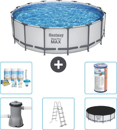 Bestway Rond Steel Pro MAX Zwembad - 457 x 122 cm - Grijs - Inclusief Pomp - Ladder - Afdekzeil Onderhoudspakket - Filter