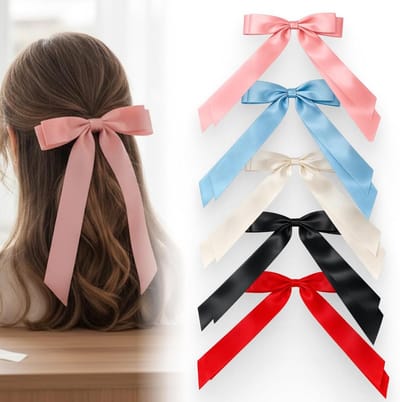 Satin Haarstrikken Set van 5, Metalen Clip en Ribbons voor Vrouwen en Meisjes, Perfect voor Ponytails en Vlechten in 5 Kleuren