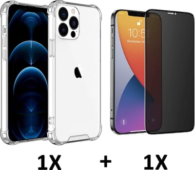 Casemania Hoesje Geschikt voor Apple iPhone 14 Pro - Transparant / Privacy Glazen Screenprotector - Anti-Shock Hybrid Back Cover