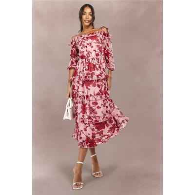 boohoo Dames Hoge Bloemrijke Dobby Cold Shoulder Gelaagde Midi Skater Jurk | Roze | Maat: 42