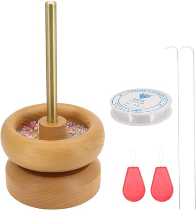 Spinner met houten kralen, 2-in-1 kralenset met garenspoelwikkelaar, parelspinner voor het maken van sieraden, houten kralenspinner met 2 parelnaalden en inrijggereedschap voor rocailles