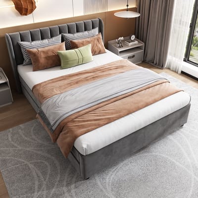 Polsterbed 140 x 200 cm - Fluweelbekleding - Met lattenbodem - Rugsteun - 2 laden - grijs