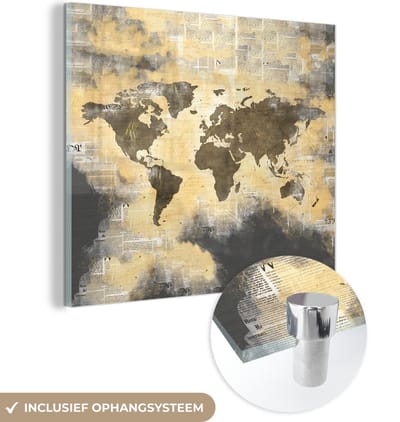 ® Glasschilderij 90x90 cm - Schilderij acrylglas - Wereldkaart - Abstract - Kranten - Foto op glas - Muurdecoratie woonkamer - Wanddecoratie slaapkamer - Schilderijen