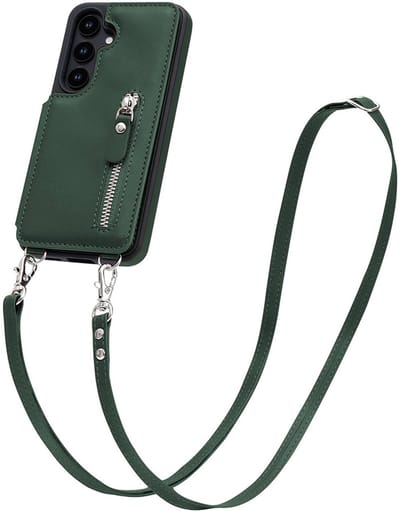 CaseMania Backcase hoesje geschikt voor Samsung Galaxy S24 - Effen Donkergroen - Kunstleer - met Crossbody Koord, Pashouder & Ritsvakje