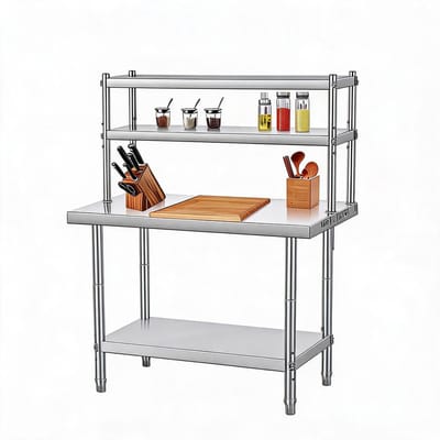 Roestvrijstalen Keukentafel met Tweelaags Plank - Multifunctionele Werktafel met Opbergrek 76x61x138 cm - RVS Tafel voor Keuken, Eetkamer, Kantoor en Werkplaats - Eenvoudig te Monteren