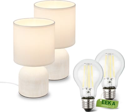 BRILONER Ino - Set van 2 Tafellampen incl. led lampen - met stoffen kap & keramiek voet - bedlamp slaapkamer incl. verlichting - h: 28 cm - wit