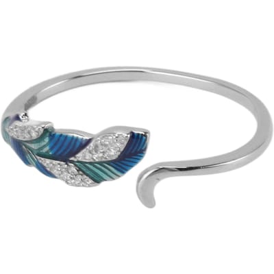Open Ring S925 Sterling Zilver Schitterend Platina Blauw Groen Verloop Veer Vorm Verstelbaar Open gray