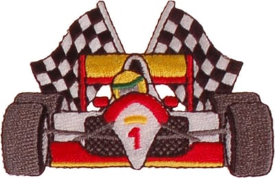 Strijkapplicatie Raceauto Rood met Finishvlaggen 7,5x5,5cm