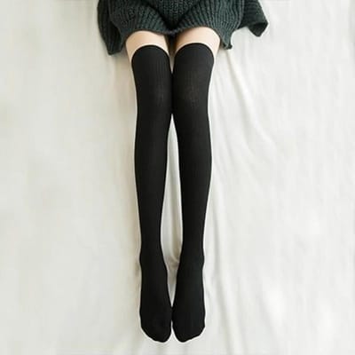 Bas d'hiver hauts pour femmes, chauds, au-dessus du genou, en laine douce, chaussettes longues rayées en coton, bas cuissard, chaussette Lolita épaisse et chaude One Size black