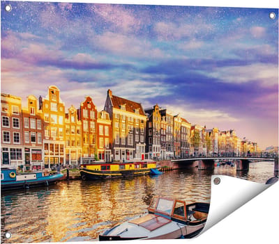 Gards Tuinposter Amsterdamse Gracht in de Nacht met Sterren - 80x60 cm - Tuindoek - Tuindecoratie - Wanddecoratie buiten - Tuinschilderij