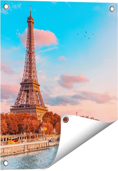 Gards Tuinposter Eiffeltoren in Parijs aan het Water - 40x50 cm - Tuindoek - Tuindecoratie - Wanddecoratie buiten - Tuinschilderij