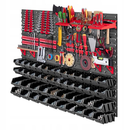 KADAX Werkplaatswandrek, 116 x 78 cm, opslagsysteem van robuust kunststof, uv-bestendig werkplaatsrek, uitbreidbare wandplaten, opbergrek voor garage, rood en zwart, 89 stuks