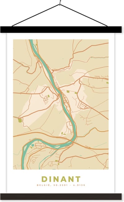 Posterhanger incl. Poster 40x60 cm - Schoolplaat - Kaart - Stadskaart - Plattegrond - Retro - Dinant - Textielposter - Zwarte latten - Stadskaart