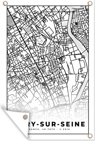 Muurdecoratie Stadskaart - Plattegrond - Kaart - Vitry-sur-Seine - Frankrijk - Zwart wit - 120x180 cm - Tuinposter - Tuindoek
