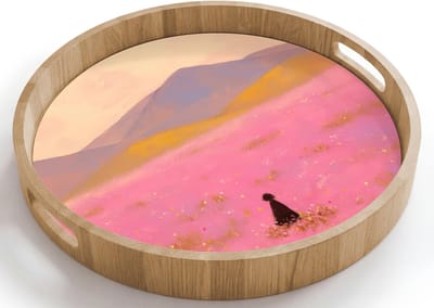 Dienblad rond 40x40 cm - Schootdienblad hout - Bloemenweide - Heuvels - Silhouet - Roze - Borrelplank rechthoek - Plateau houten dienbladen