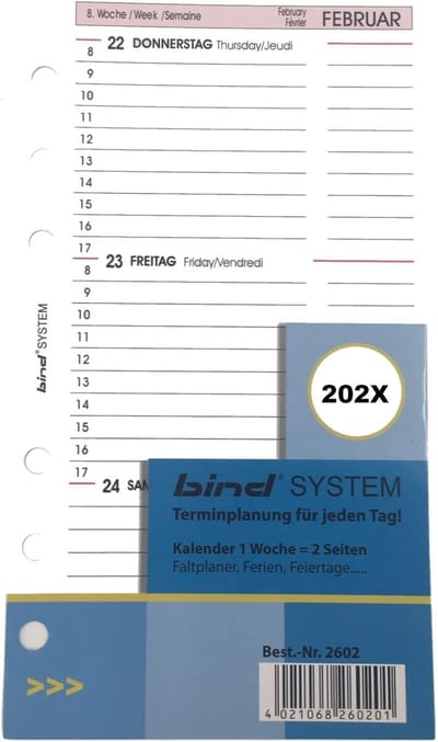 Agenda-Vulling A6 2024 - 1 Week per 2 Pagina's - Universele 6-Ring Perforatie - Compatible met Bind en Standaard Planners - Duits/Engels/Frans