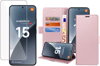 Book Case & Screenprotector geschikt voor Xiaomi 15 Hoesje Screenprotector - Gehard Glas Cover + Magnetische Sluiting - Portemonnee Rose