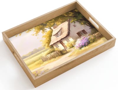 Dienblad hout 40x30 cm - Schootdienblad - Huisje - Hout - Bloemen - Borrelplank rechthoek - Plateau dienbladen