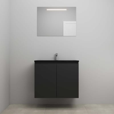 On-Line Badkamermeubelset - 80 cm - Bouwpakket - Greeploze Ladestructuur - Acryl Wastafel - 1 Kraangat - Spiegel met LED-Verlichting - Mat Zwart
