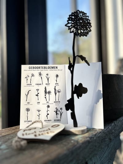 Creaties van Hier - Geboortebloem met houten hartje - November - Chrysant - Zwart MDF - Hout