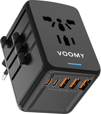 Voomy Universele Reisstekker 35W Snellader - Wereldstekker voor 200+ landen - 2 USB C & 3 USB A Poorten - Travel Adapter: Amerika (USA), Engeland (UK), Australië, Zuid Amerika, Afrika, Italië, Thailand - Zwart