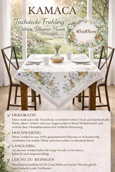 Dailygoods- Tafelkleed 85 x 85 cm - Wasbaar - Bloemen - Paashaas - Decoratie - Hoogwaardig polyester - Duurzaam - Tafeldecoratie