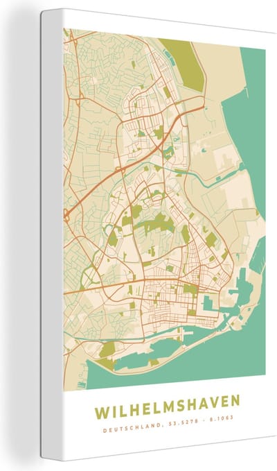 Canvas Schilderij Wilhelmshaven - Vintage - Plattegrond - Kaart - Stadskaart - 20x30 cm - Wanddecoratie