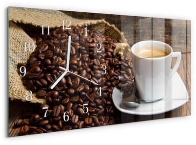 Tulup Wandklok - Koffie Wandklok Glas Met Motief - 60x30 cm - Bruin Decoratieve Glazen Klok - Witte Handen - Rechthoekige Wandklok - Wandklok Glas Decoratie - Gekleurde Glazen Klok