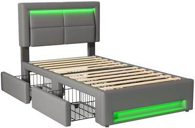 Gotagee Opbergbed Eenpersoonsbed Opslagbed Multifunctioneel bed Vlak bed Slaapkamerbed Gastbed Met 4 lades Met LED-verlichting Met USB-oplaadpoort en draadloze oplaadpoort Bed met opbergruimte Bed zonder matras 90x200cm