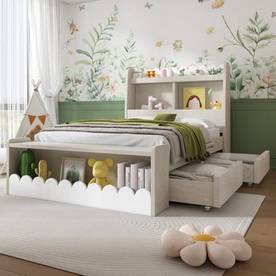 Kinderbed Eenpersoonsbed Opbergbed met Lades, Plank en Bank met Opbergruimte, Houten Bed 90x200 cm, Bedframe en Lattenbodem van Hout, Wit met Eiken Kleur (Zonder Matras)
