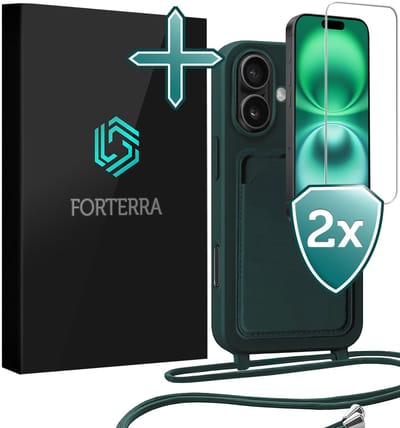 Hoesje Geschikt voor iPhone 16 Plus Pashouder Case Siliconen Hoes Met Koord Met 2x Screenprotector - Hoes Geschikt voor iPhone 16 Plus Met Telefoonkoord Hoesje Back Cover Met Pasjeshouder - Donkergroen
