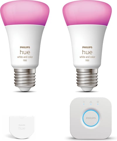 Philips Hue Starterspakket - E27 - met 2 Standaard Lampen - Wit en Gekleurd Licht - Incl. 1 Hue Bridge, 1 Hue Wall Switch - Hue White and Color Ambiance