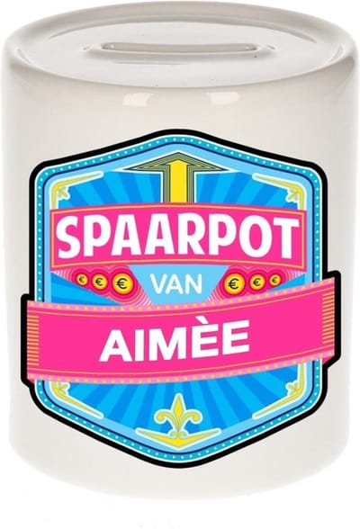 Bellatio Decorations Kinder spaarpot met naam - Aimee - keramiek - met dop - wit - Sparen - Spaargeld van Aimee