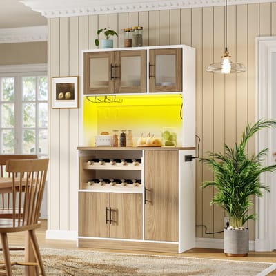 OKWISH Keukenkast - Met Ledverlichting En Stopcontact - 100x40x180 cm - Wijnrek En Veel Opbergruimte - MDF Wit Naturel