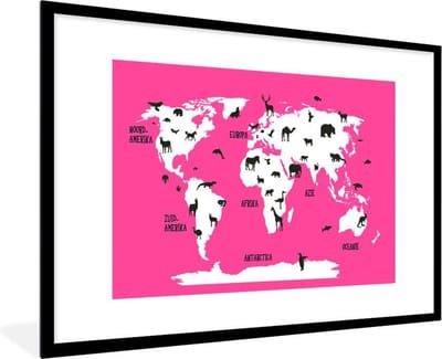 Wereldkaart Kinderen - Dieren - Roze - Schoolplaat - Kinderkamer - 120x80 cm